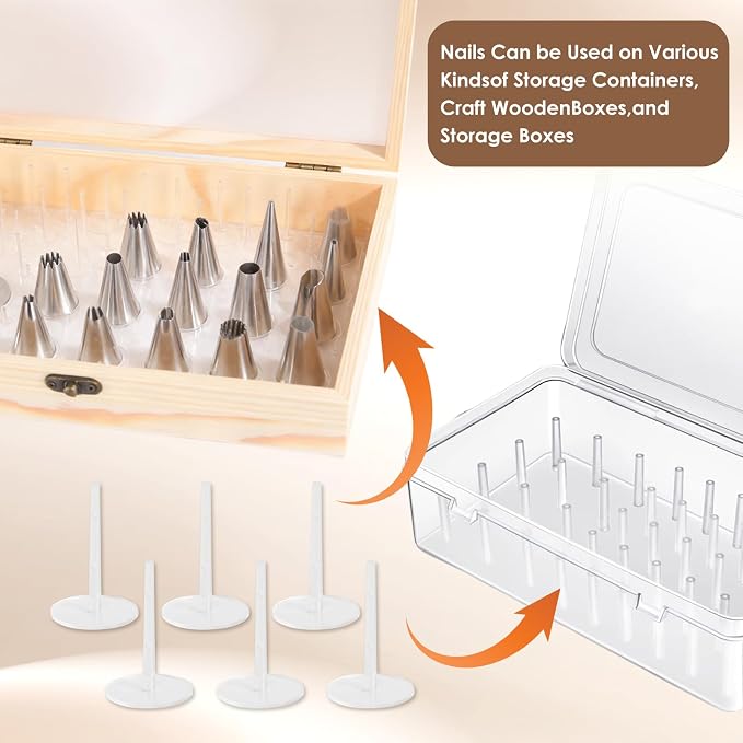 Piping Tip Organizer, Equipped with 200 Pcs of Cake Flower Nails, Holds 60 Piping Tips, Cake Decorating Tools, Baking Tools, Cake Decorating Tips Storage Box Made with Wood, Piping Tip Sold Separately