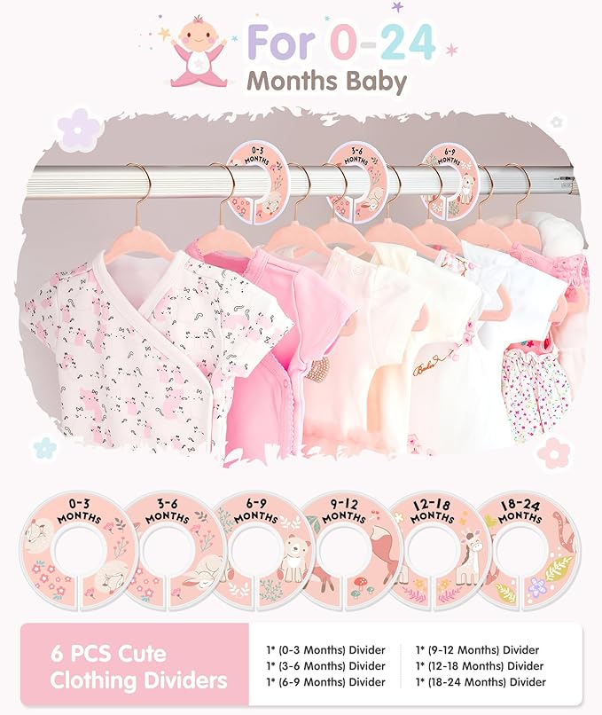 VIS'V Velvet Baby Hangers with 6 Pcs Size Dividers, 11 Inch, Pink, 30 Pcs | Compact Size, Non Slip, Infant Toddler Nursery Closet Organization