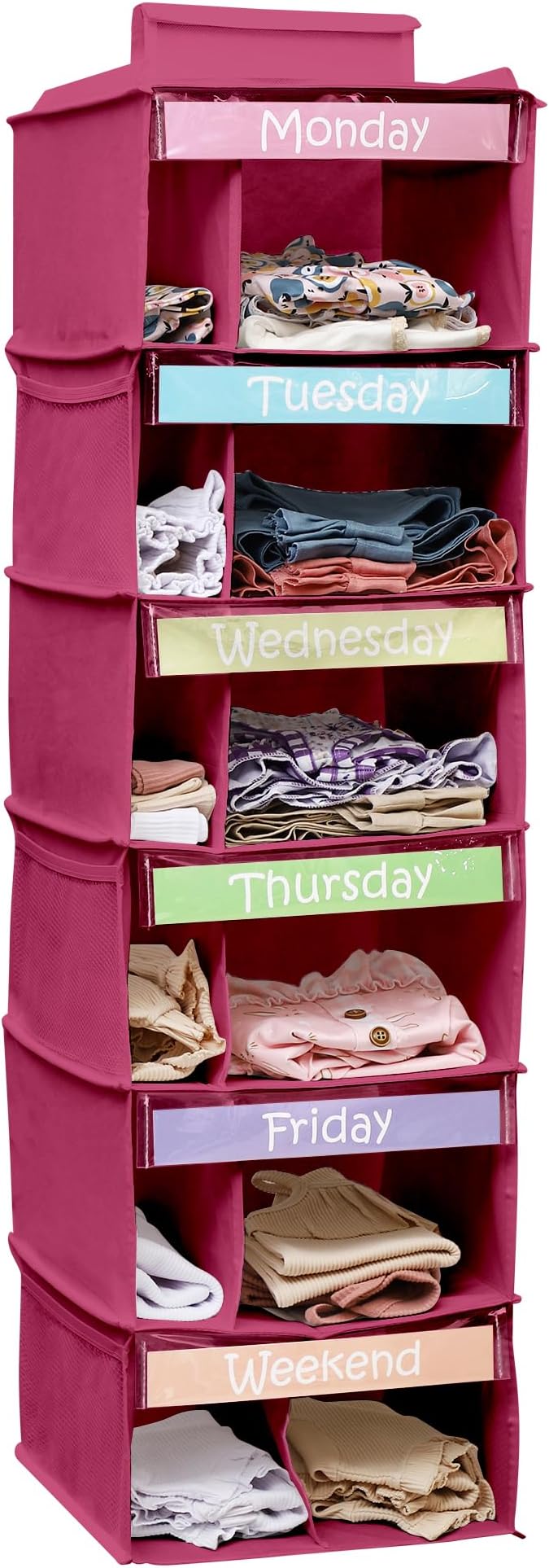 Houseables Kids Clothes Organizer, Weekly Clothes Organizer for Kids, Closet Daily Outfit Storage, Monday Through Friday Clothing Planner, Day of The Week, Weekday, School, Hanging, 6 Shelf, Pink