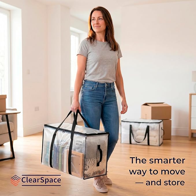 ClearSpace Heavy Duty Moving Bags or Storage Bags – Clear Storage Bins with Lids, Large Moving Boxes with Backpack Straps & Zippers – Packing Bags & Moving Supplies for College Dorm- 4 Pack