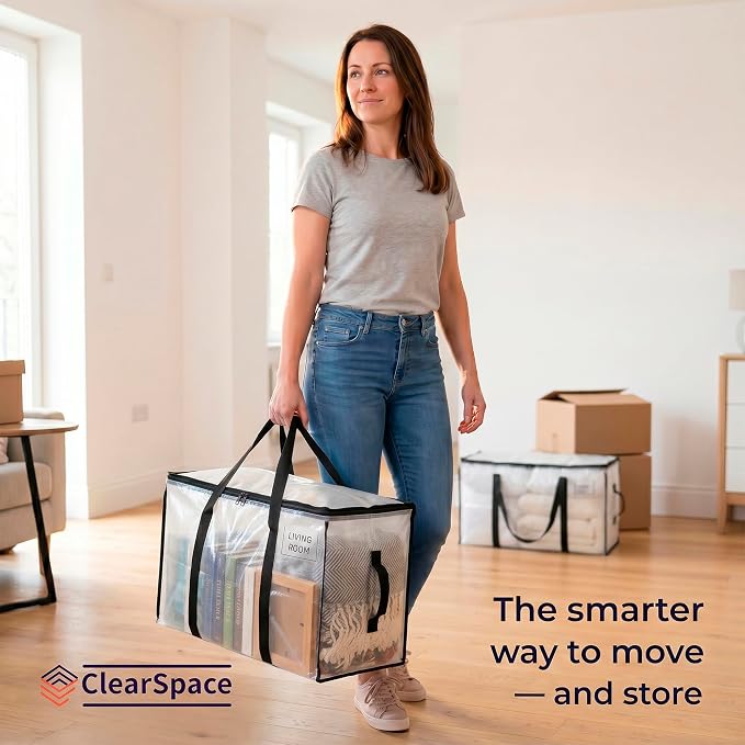 ClearSpace Heavy Duty Moving Bags or Storage Bags – Clear Storage Bins with Lids, Large Moving Boxes with Backpack Straps & Zippers – Packing Bags & Moving Supplies for College Dorm- 8 Pack
