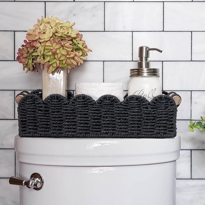 CubesLand Scalloped Edge Decor Baskets for Home, Living Room, Toilet Paper Storage Basket for Over Toilet Shelf, End Table,Shelves and More, Small Paper Rope Baskets Both Storage&Decor, Set 2 Black