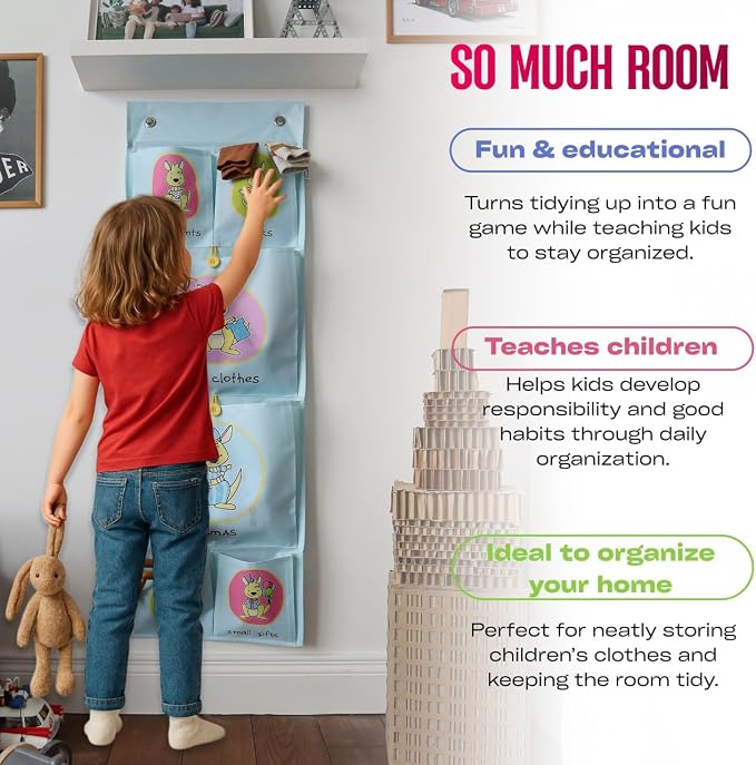 Cool-Stuff Kids Hanging Clothes Organizer – Over The Door Storage for Pajamas, Toys, Socks – Wall Mount Closet Organizer for Toddler, Preschool, Kindergarten – Water-Resistant, Blue, 44x14.5