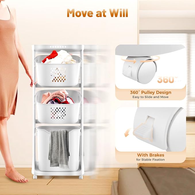 3 Tier Laundry Hamper Basket Sorter Clothes Storage Organizer Shelf Rolling Cart
