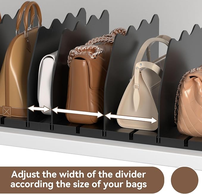 SOYO Adjustable Purse Organizers for Closet, Acrylic Shelf Divider for Bag and Purse Storage, Pocketbook and Handbag Organizer, Bookshelf Separator Organizers for House, Office Use, Black，2pc