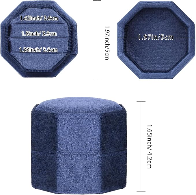 WantGor Velvet Ring Box, 3 Slots Jewelry Ring Gift Box Vintage Ring Holder | Ring Display Case for Wedding Ceremony Proposal Engagement (Navy Blue)