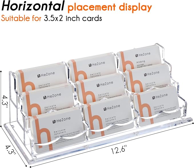 HeZone Business Card Holder for Desk, Multiple Cards Display Stand Rack for Women and Men, Clear Acrylic Card Organizer 9 Slot 3 Tiers