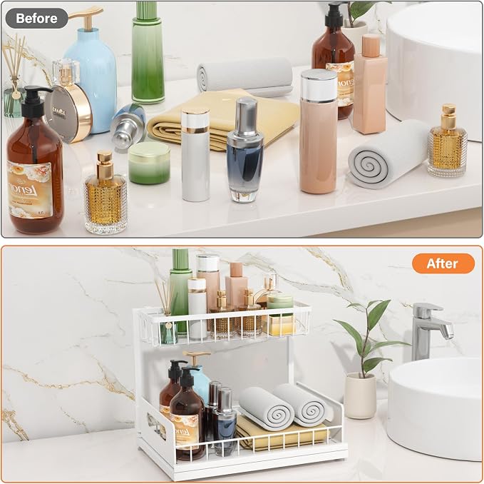 Under Sink Organizer 2 Tier, Pull Out Drawer Slides Under Sink Storage for Bathroom Kitchen,Multi-Purpose Drawer Under Cabinet Organizer for Cleaning Supplies (White, 1 Pack)