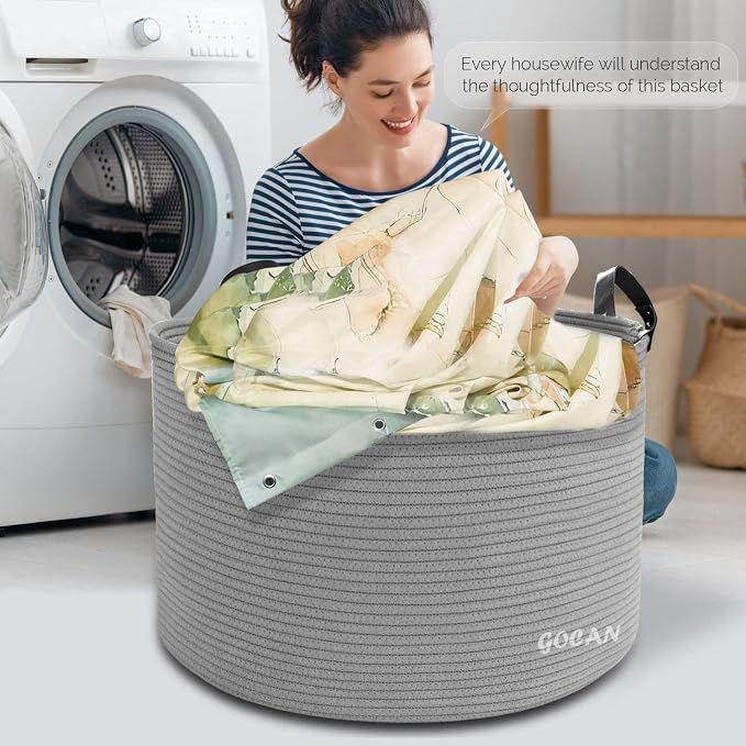 GOCAN Extra Large Storage Laundry Basket 22" X 22"X 14" Cotton Rope Woven Basket for Blanket with Handles for Living Room Toys Storage XXXL (Gery)