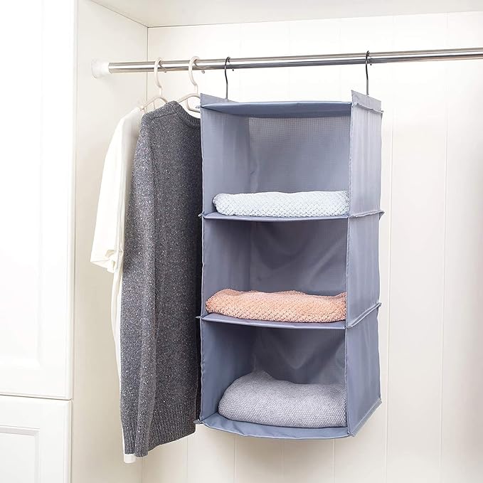 Hanging Closet Organizer 3-Shelf, Oxford Fabric Wardrobe Storage, Gray | Easy-mount foldable design holds clothes, handbags, shoes & accessories; washable Oxford fabric, sturdy and space-saving.
