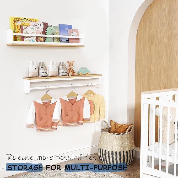 Harwaya Kids Bookshelf Wall Mounted 36 Inch Long, White and Natural Wood Nursery Floating Bookshelves for Wall, Large Hanging Book Shelves for Baby Toddler Kid Childs Bedoom Playroom -Set of 3