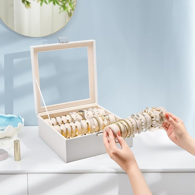 Lolalet Bracelet Display Holder with Rods for Bangles Watches, Clear Lid Jewelry Organizer Box Storage Case for Women Girls -White, 3 Rolls