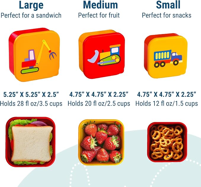 Wildkin Set of 3 Kids Nesting Food Containers for Boys – Stackable, Airtight & BPA-Free Snack Containers, Dishwasher Safe Lunch Box Containers for School & Travel, Ages 3–12 – Under Construction