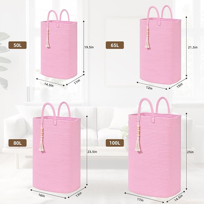 Woven Laundry Basket for Clothes, 65L Large Rectangle Laundry Hampers, Nursery Storage Basket for Toys, Tall Dirty Clothes Hamper for Bedroom Aesthetic, Bathroom, Laundry Room