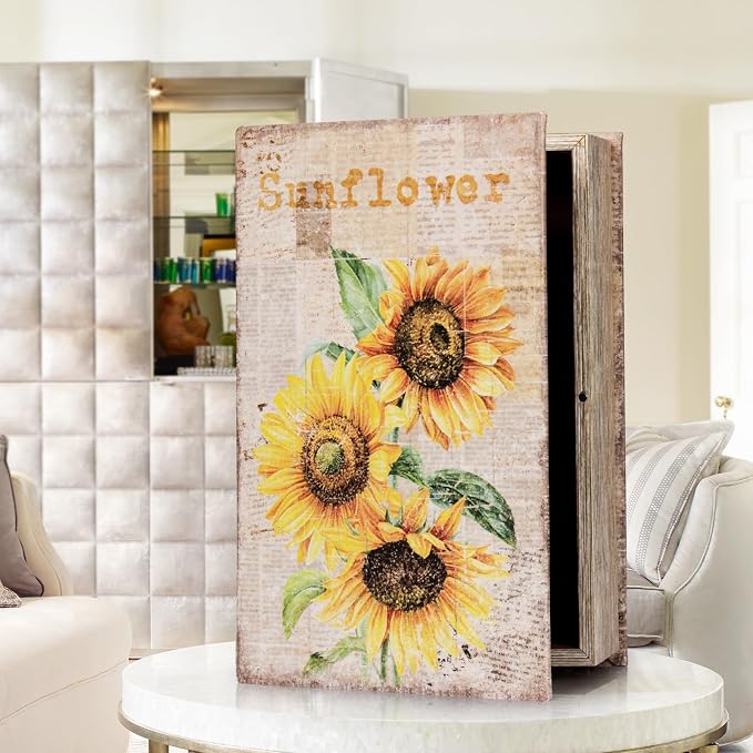 Decorative Sunflower Pattern Faux Leather Book Box - Vintage Style Storage & Decoration for Cafe, Bookshelf, Graduation Gift, Wedding Card Box (3-06 Inches)