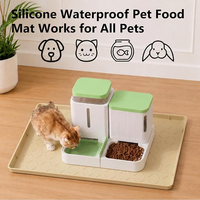 MateeyLife Silicone Mat Waterproof 12"X19", Ideal for Dog and Cat Food Mat, Dog Bowl Mats for Food and Water, Pet Placemat with Lip for Messy Drinkers to Protect Floor, Khaki