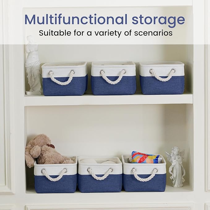 Storage Baskets for Shelves 11.8x7.9x5.2 Inch, Foldable Fabric Storage Bins with Handles, Small Storage Baskets for Organizing Closet, Office, Home Organization (3-Pack, White&Blue)