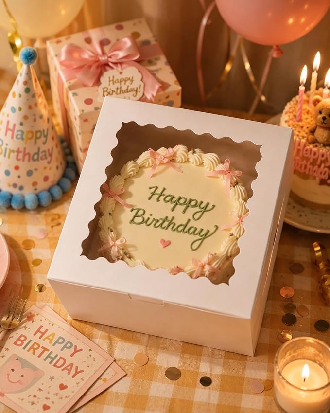 qiqee 10"x10"x5" Cake Box, 36 Sets White Cake Box with Window ＆ 36 Sets 10" White Cake Round Boards, for Cake, Treat Cookie Dessert, Pastry, Birthday Party, Weddings