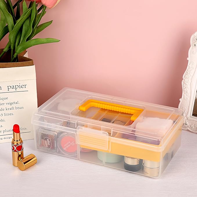 JUXYES Clear Art Craft Supply Storage Bin Sewing Box With Handle Lid | Plastic Carry Storage Box with Removable Tray, 2 Layers Portable Storage Case for Art Craft, Sewing, School Office Supplies