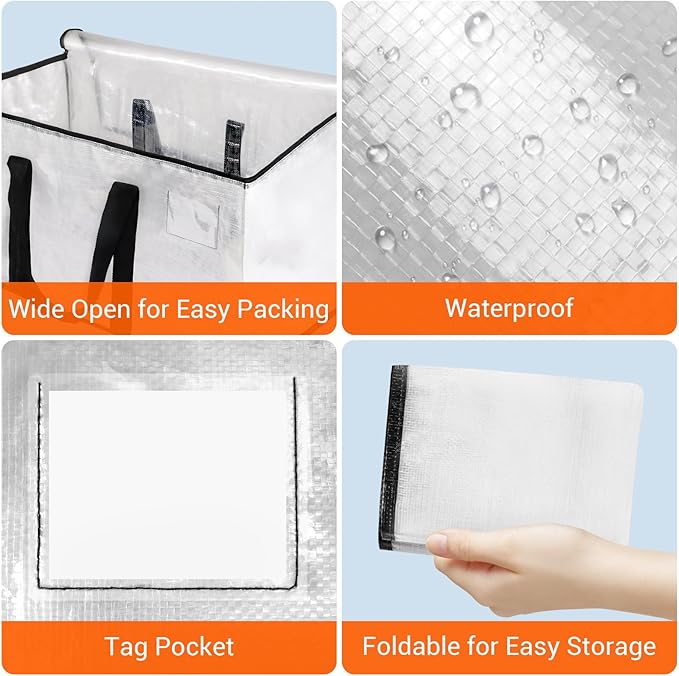 HomeHacks Clear Moving Bags Heavy Duty 6 Pack, Storage Bags with Zipper, Extra Thick Handles & Waterproof Packing Boxes for Moving, Camping, Home Organization 93L/24Gal (28.7"x14.2"x14")