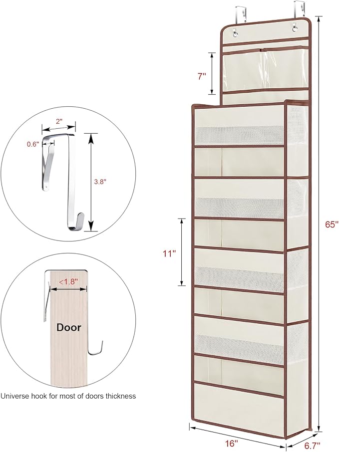 Univivi Over The Door Organizer - Wall Mount Hanging Organizer with 5 Large Compartments, 2 Small PVC Pockets and 8 Mesh Side Pockets for Cosmetics, Toys and Sundries (Beige)