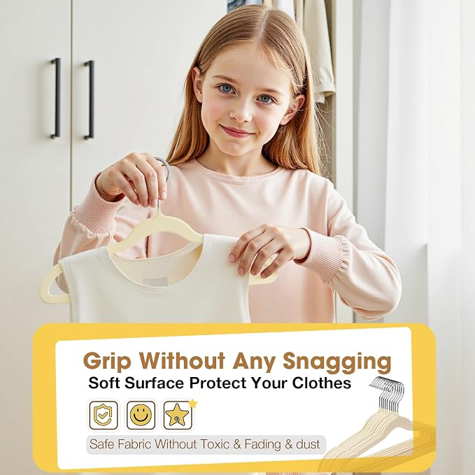 Kids Hangers 50 Pack,14 Inch Kids Velvet Hangers Slim & Space-Saving,Baby Clothes Hangers with 360 Swivel Hook,Heavy Duty Hanger for Infant & Childrens Coats, Pants,and Dress(Beige)