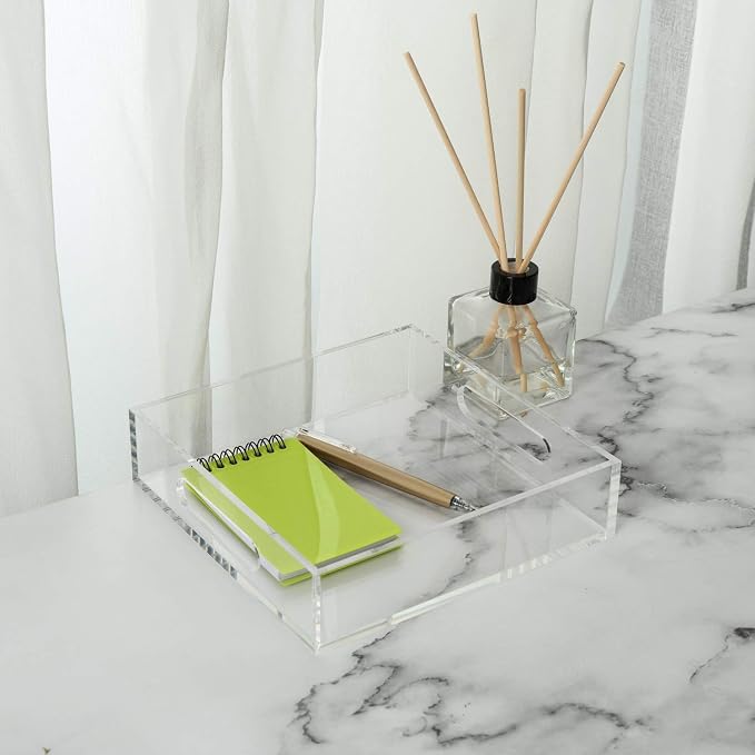 KEVLANG Clear Sturdy Acrylic Tray with Handles-8"x8"x2"H-Countertop Organizer Tray for Kitchen,Bathroom,Office- Storage Box for Cosmetics, Jewelry,Toiletries,Toy,Gadgets