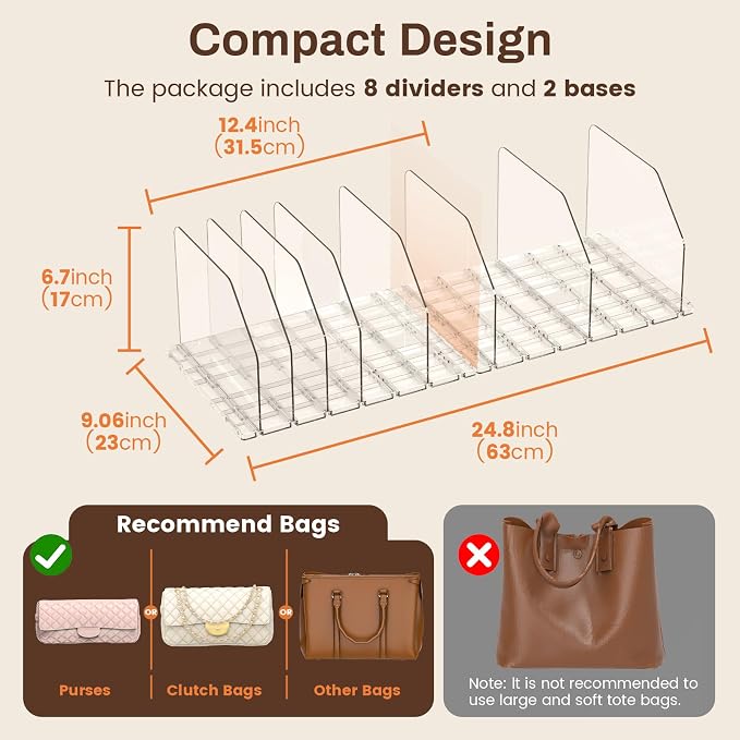 Purse Organizer for Closet, Adjustable Clear Handbag Storage Holder, Acrylic Purse Organizer for Closet Organization, Shelf Divider, Perfect for Bedroom, Living Room, Home