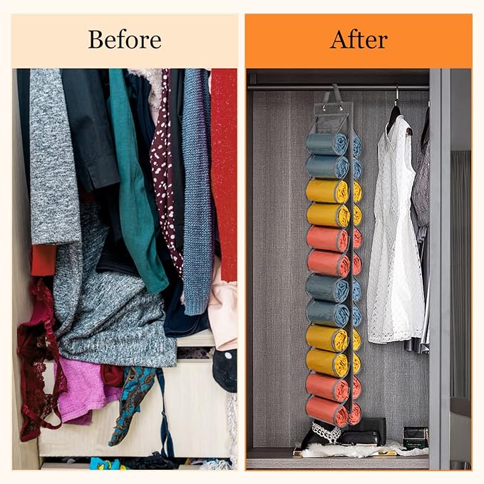 Lirex Hanging Yoga Legging Storage Organizer with 24 Pockets, Foldable Oxford Cloth Hanging Closet Organizer Shirts Jeans Storage Hanger Socks Holder for Family Closet Bedroom, Grey