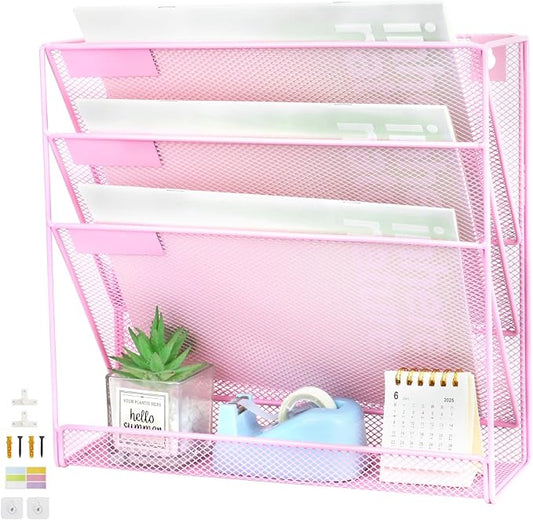 3 Pockets Mesh Wall File Holder Organizer with Bottom Flat Tray, Office Hanging File Folder Magazine Rack, Nametag Label Hooks Set Included, Pink