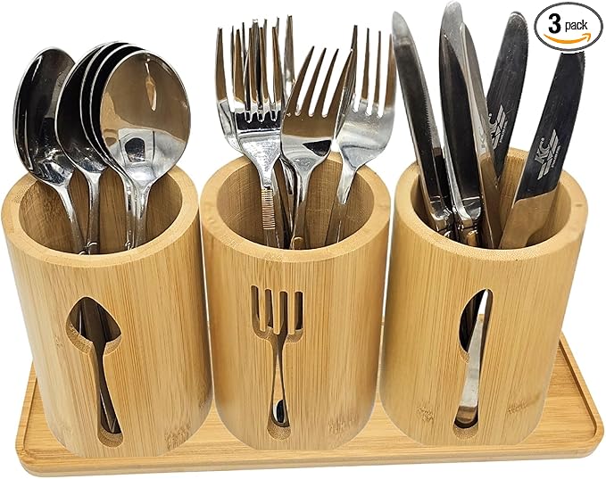 Bamboo Cutlery Holder Set - 3 Kitchen Utensils Holder Organiser with Bamboo Tray | Decorative Kitchen Countertop Stand | Knife, Fork and Spoon Holders