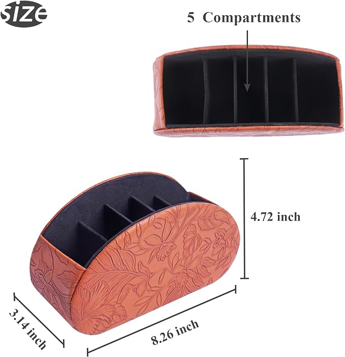 Remote Control Holder, PU Leather Remote Caddy Desktop Organizer with 5 Spacious Compartments for TV Remotes/Media Controllers/Office Supplies (1-Carved Brown