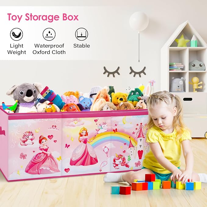 Large Toy Box Chest Organizer with Flip Lid for Kids, Collapsible Oxford Toy Storage Box with Handles for Boys Girls, Sturdy Waterproof Storage Organizer for Bedroom Playroom Nursery, 37.7×12.5×15.7''