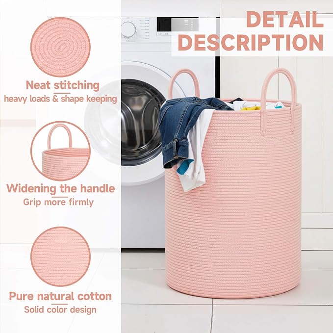 CLHMILY&Z Laundry Hamper Round Storage Rope Basket in Living Room, Bedroom, Laundry Room for Toy, Clothes, Blanket, Pillow (Pink, 80L)
