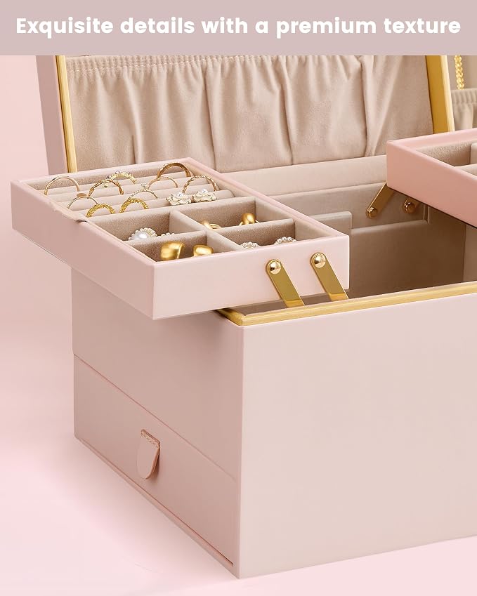 Lolalet Jewelry Box Organizer for Women Girls, 2 Layer Jewelry Organizers and Storage for Necklace Earrings Rings Bracelets, Large Jewellery Holder Case Birthday Gifts -Pink