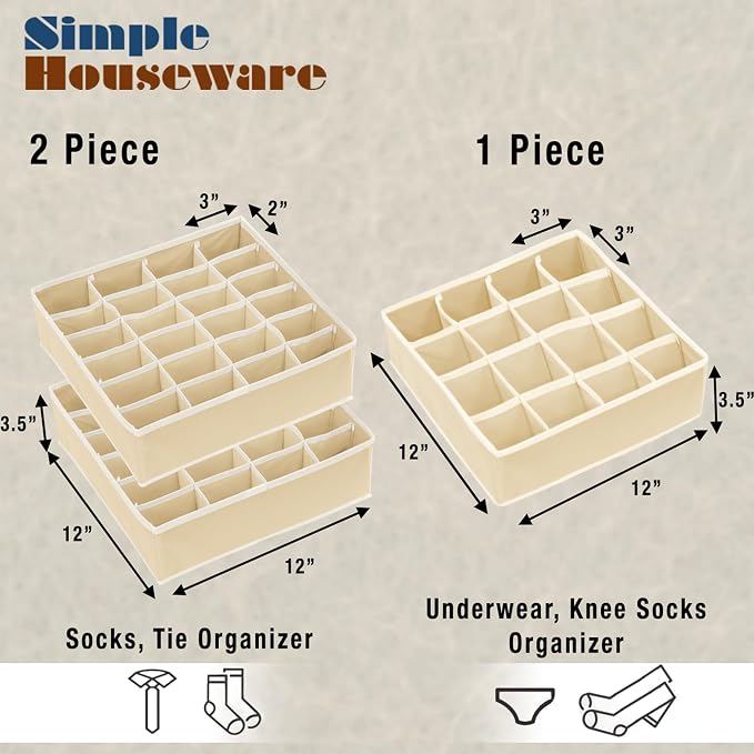 Simple Houseware Sock Drawer Organizer for Dresser/Closet/Bedroom, 3 Pack, Beige