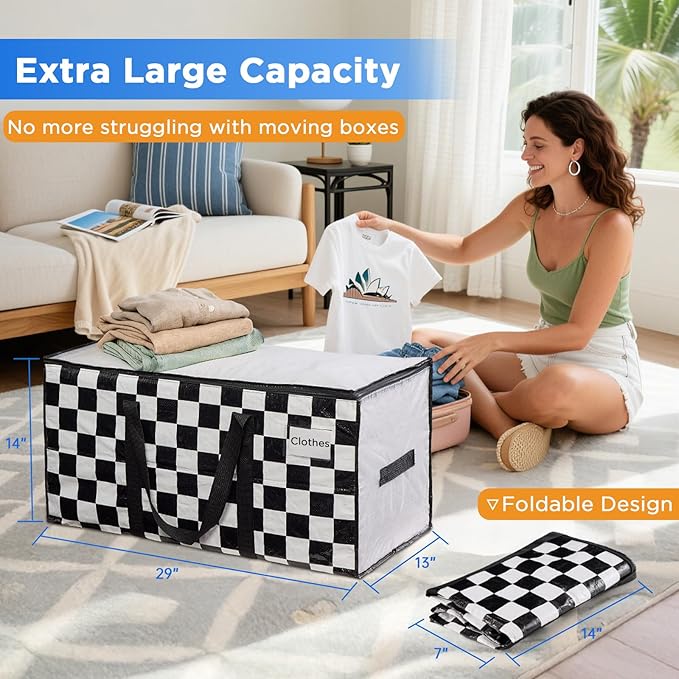 BETU 6 Pack Moving Bags Moving Storage College Dorm Camping Packing Travel PE Heavy Duty, Sturdy Handle, Zipper Large Storage Tote Bag Moving Boxes Box Alternative - White Plaid 29L x 15W x 15H