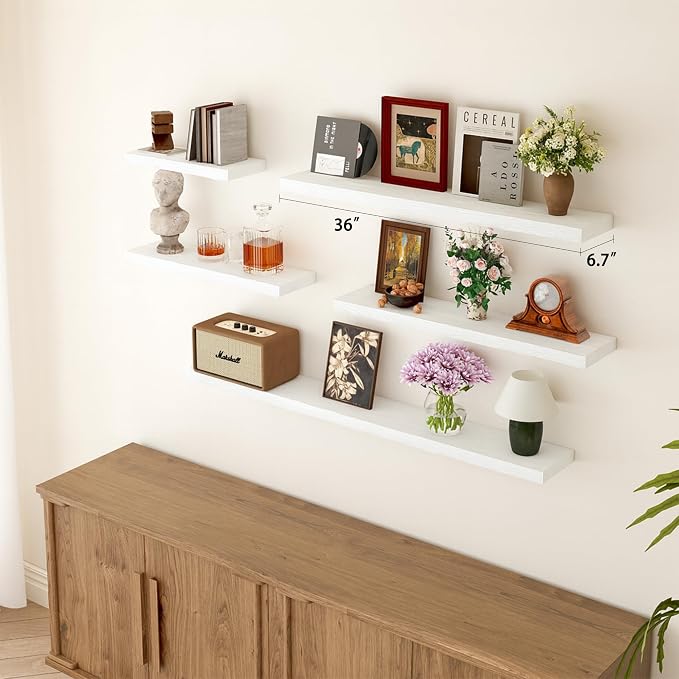 BGMG Wood Floating Shelves, White, 36x6.7x1.25 inch, Set of 2 | Wide Rustic Wooden, Wall Shelves, For Bathroom Living Room Bedroom Kitchen, Farmhouse