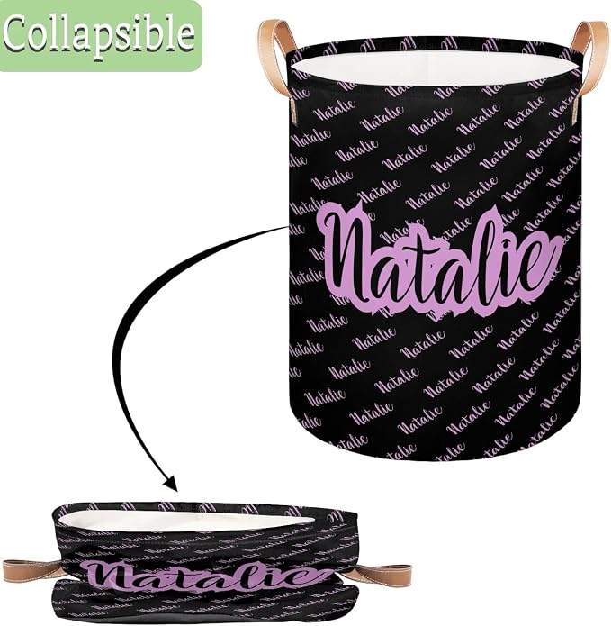 Personalized Laundry Basket, Custom Gift Laundry Hamper, Collapsible Nursery Waterproof Laundry Baskets, Dirty Clothes Toy Hamper with Handles Name Text Black Light Purple