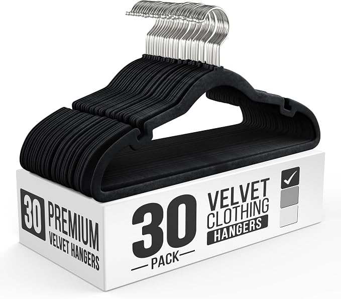 Our Modern Space 30 Pack Velvet Hanger for Shirt Pants Dresses Skirts Suits Jackets - Slim Space Saving Design - Standard Coat Hanger - Sturdy & Durable Design with Shoulder Grooves Hook