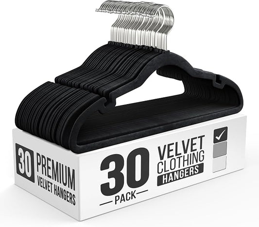 Our Modern Space 30 Pack Velvet Hanger for Shirt Pants Dresses Skirts Suits Jackets - Slim Space Saving Design - Standard Coat Hanger - Sturdy & Durable Design with Shoulder Grooves Hook