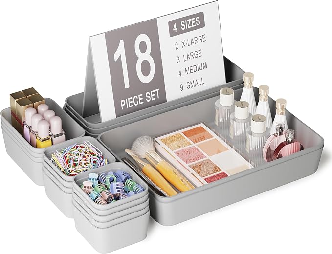 Drawer Organizers Bins 18 PCS for Bathroom Makeup Desk Office | with Non-slip Pads, 4 Sizes, Plastic Tray, Vanity Organizer, Kitchen Utensils Organizer