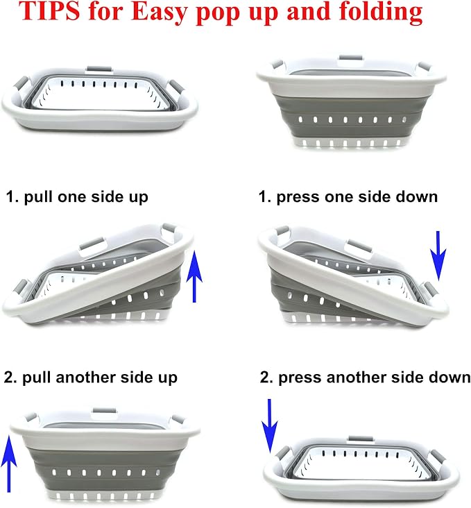 SAMMART 41L (10.8 gallon) Collapsible 3 Handled Plastic Laundry Basket - Foldable Pop Up Storage Container/Organizer - Portable Washing Tub - Space Saving (3 handled rectangular, White/Grey)