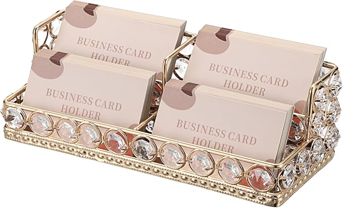 Hipiwe 2 Tiers Business Card Holder Gold Business Card Display Stand with 4 Slots Crystal Name Card Organizer for Office Exhibition Business