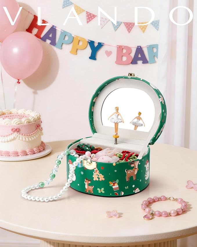 VLANDO 2Pcs Gifts for Girl, Musical Jewelry Box for Girls, Small Kid Music Box with Ballerina for Party Bedroom Decor, Gifts for Girls Kids - Christmas Green