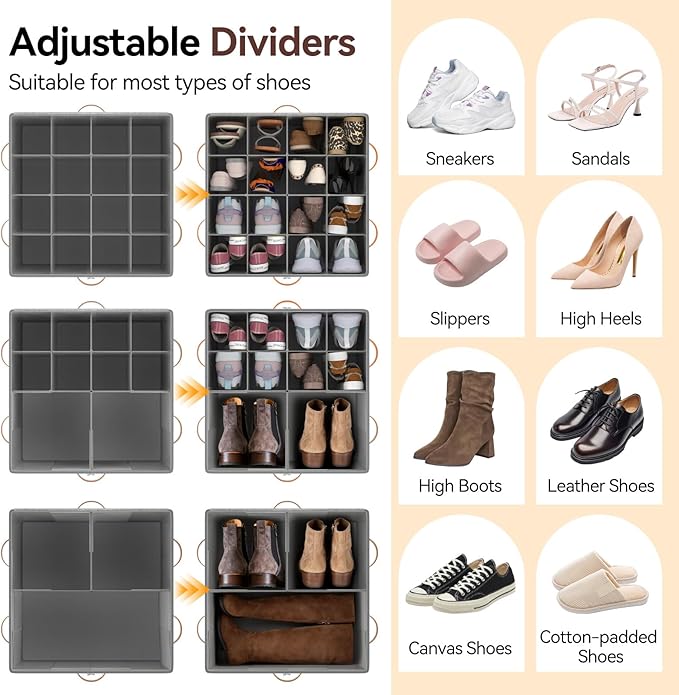 Lewondr Shoe Organizer for Closet, Foldable Shoe Storage Box with Adjustable Dividers and Clear Cover, Space Saving Shoes Holder with 4 Handles, Fits up to 16 Pairs, Beige+Gray