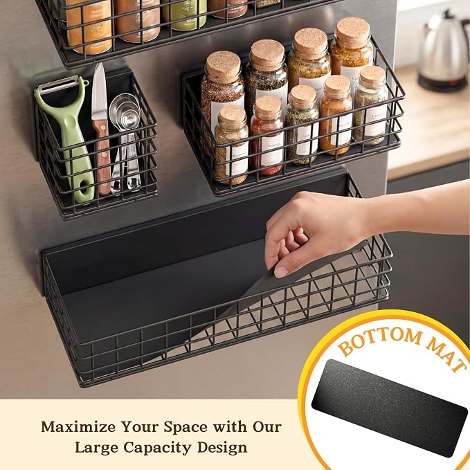 Ofiray-home Magnetic Fridge Shelf, 4-Pack Metal Strong Magnet Rack, Space Saving Spice Organizer, Utensil Holder, Fruit Potato Onion Storage Bins, Black Refrigerator Organizers and Storage