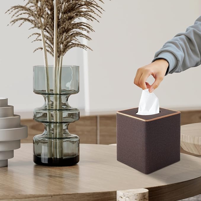 Tissue Box Cover Square Tissue Box Holder PU Leather Facial Organizer with Magnetic Bottom,Decorative Napkin Caddy for Vanity Dresser Night Stand Table Countertop Home Office Car,Coffee