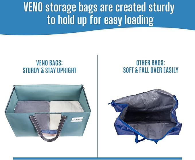 VENO 4 Pack Heavy Duty Moving Bags, Clothes and Comforter Storage Bags with Clear Window, College Dorm Essentials Packing Supplies, Foldable Boxes Alternative (Shiny Light Blue, 4 Pack)