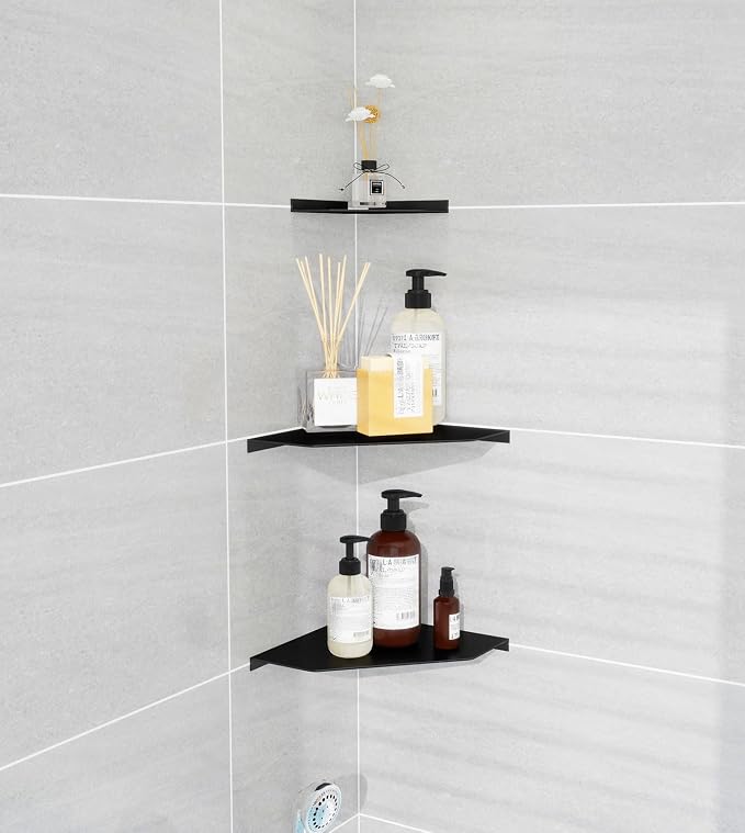 10 Inch Black Floating Corner Shelf Wall Mounted, Large Triangle Shelf for TV Box, Router, Speakers, Wine & Trophies